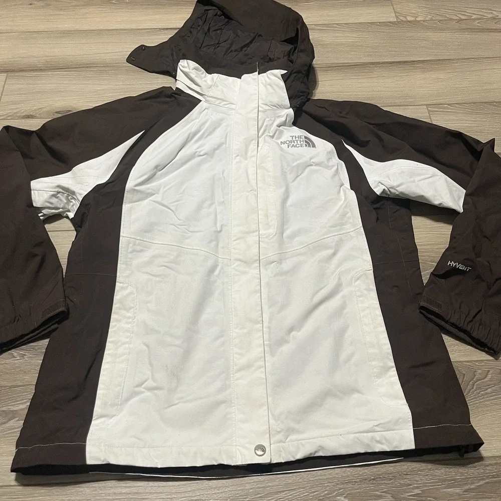 THE NORTH FACE Hyvent Women's Large Hooded Rain Coat‎ Jacket Brown/White
